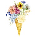 Watercolor ice cream in waffle cone with roses flowers, wildflowers, field floral, ditsy flower. Summer illustration for print Royalty Free Stock Photo