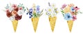 Watercolor ice cream in waffle cone with roses flowers, wildflowers, field floral, ditsy flower. Royalty Free Stock Photo