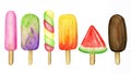 Watercolor Ice lollys colored set. Bright Color fruity collection of frozen popsicles. Chocolate, Bluebery, Kiwi, cherry