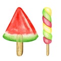 Watercolor Ice lollys colored set. Bright Color fruity collection of frozen popsicles. Watermelone, Kiwi, cherry, banana