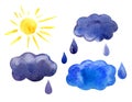 Watercolor icons set sun, clouds, raindrops, isolated Royalty Free Stock Photo