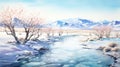 Watercolor Icy: Anime-inspired Winter Landscape With Mountains