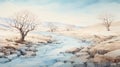 Watercolor Icy A Delicate Illustration Of A Valley Near The River Royalty Free Stock Photo