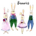Four hand painted watercolor bunnies