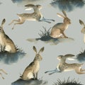 Watercolor illustartion of brown wild hare on white background. Seamles pattern about rabbit on the meadow