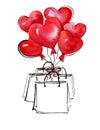 Watercolor illustation. Gift bags with heart-shaped balloons. Valentine`s day card Royalty Free Stock Photo