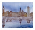 Watercolor landscape illustation London bridge and Tower