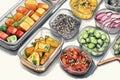 watercolor-illustrated vegan meal components in containers, vibrant vegetables to hearty legumes