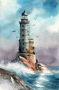 Watercolor illustration of an abandoned lighthouse at Cape Aniva