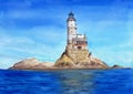 Watercolor illustration of an abandoned lighthouse at Cape Aniva Royalty Free Stock Photo