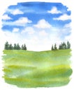 Watercolor illustration of abstract natural background with green field, trees and sky with clouds, hand drawn illustration Royalty Free Stock Photo