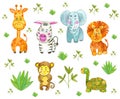 watercolor illustration african animals elephant, giraffe, monkey, turtle, zebra, lion children's