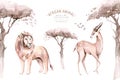 Watercolor illustration of African savannah Animals: lion and antelope isolated white background. Safari zoo wildlife