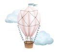 Watercolor illustration of an air balloon with clouds isolated on a white background. Vintage cartoon aerostat with