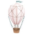 Watercolor illustration of an air balloon isolated on a white background. Vintage cartoon aerostat with flags in brown