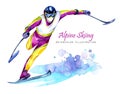 Watercolor illustration. Alpin Skiing. Disability snow sports. Disabled athlete riding by ski on snow. Active people