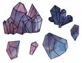 Geometric forms. Amethyst crystals, purple stone, mineral - watercolor illustration isolated on white background