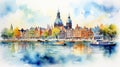 Watercolor Illustration Of Amsterdam On Water