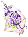 Watercolor illustration. Ancient envelope with a bouquet of pansies and a bow Antique objects. Spring collection in