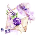 Watercolor illustration. Ancient envelope with wax seal, flowers and berries. Antique objects. Spring collection in