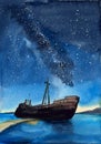 Watercolor illustration of an ancient grounded ship with a dark blue night sky