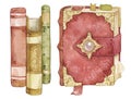 Watercolor illustration of an ancient magic book of spells and a stack of alchemy books. Isolated on white background.