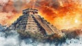 Watercolor Ancient Mayan Pyramid, Sunset Colors, Rich Mexican Heritage Greeting card. AI Generated Royalty Free Stock Photo