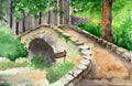 Watercolor illustration of an ancient stone bridge