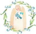 Watercolor illustration angel with a blue bird, a dove in a frame of blue little flowers