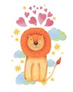 Watercolor illustration animal cute lion on a white background, heart,star,clouds. Hand draw illustration. Valentine`s card. Royalty Free Stock Photo