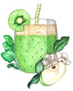 Watercolor illustration of an apple, spinach and kiwi smoothie in a glass