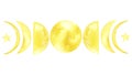 Watercolor illustration as a banner with phases of the yellow moon and stars, isolate on a white background. Royalty Free Stock Photo