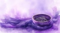 Watercolor illustration of Ash Wednesday concept, featuring a bowl of ashes on a purple cloth, soft and reflective