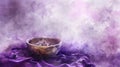 Watercolor illustration of Ash Wednesday concept, featuring a bowl of ashes on a purple cloth, soft and reflective