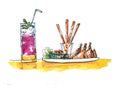 Watercolor illustration Asian fried rolls appetizer and drinks
