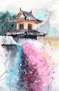 Watercolor illustration of asian landscape with japanese temple Royalty Free Stock Photo