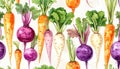 Watercolor Illustration of Assorted Root Vegetables Seamless Pattern Royalty Free Stock Photo