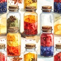 Watercolor Illustration of Assorted Spices and Herbs in Glass Jars Royalty Free Stock Photo
