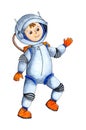 Watercolor illustration of an astronaut doing a space walk. Royalty Free Stock Photo