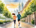 Couple running in the city watercolor illustration