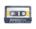 Watercolor illustration of audio cassette tape with bright orange stripes.