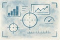 Watercolor illustration of augmented reality interface with graphs and target icons. concept of digital innovation, data Royalty Free Stock Photo