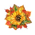 Watercolor illustration of an autumn bouquet of sunflower and leaves of oak, maple, elm, birch, rowan berries and acorns.