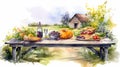 Watercolor Illustration Of Autumn Harvest And Wine On Table Royalty Free Stock Photo