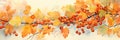 Watercolor illustration, autumn landscape banner, fall mood, autumn leaves with rowan berries