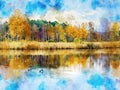 Watercolor illustration of autumn landscape on a lake with forest and reed Royalty Free Stock Photo