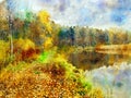 Watercolor illustration of autumn landscape on a lake with forest and reed Royalty Free Stock Photo