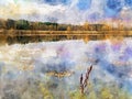 Watercolor illustration of autumn landscape on a lake with forest and reed Royalty Free Stock Photo