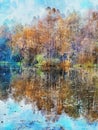 Watercolor illustration of autumn landscape on a lake with forest and reed Royalty Free Stock Photo