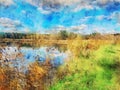 Watercolor illustration of autumn landscape on a lake with forest and reed Royalty Free Stock Photo